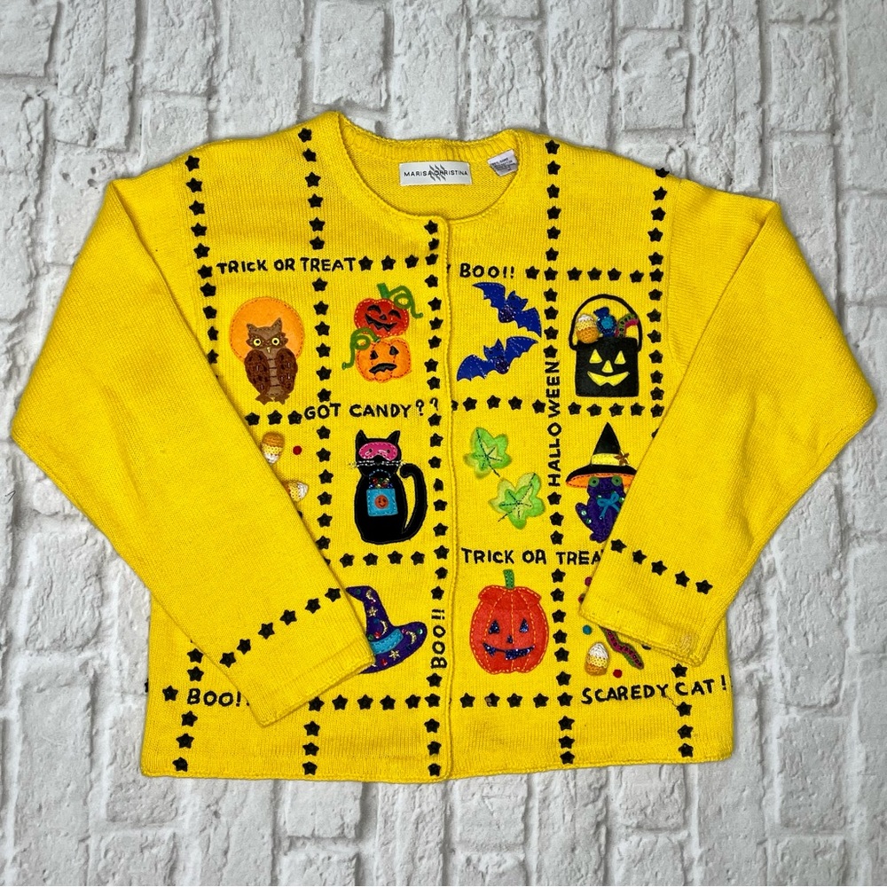 Marisa Christina Halloween Cardigan Sweater Appliqué Mixed Media Sequin Felt